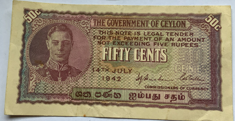1942 Ceylon Fifty Cents banknote